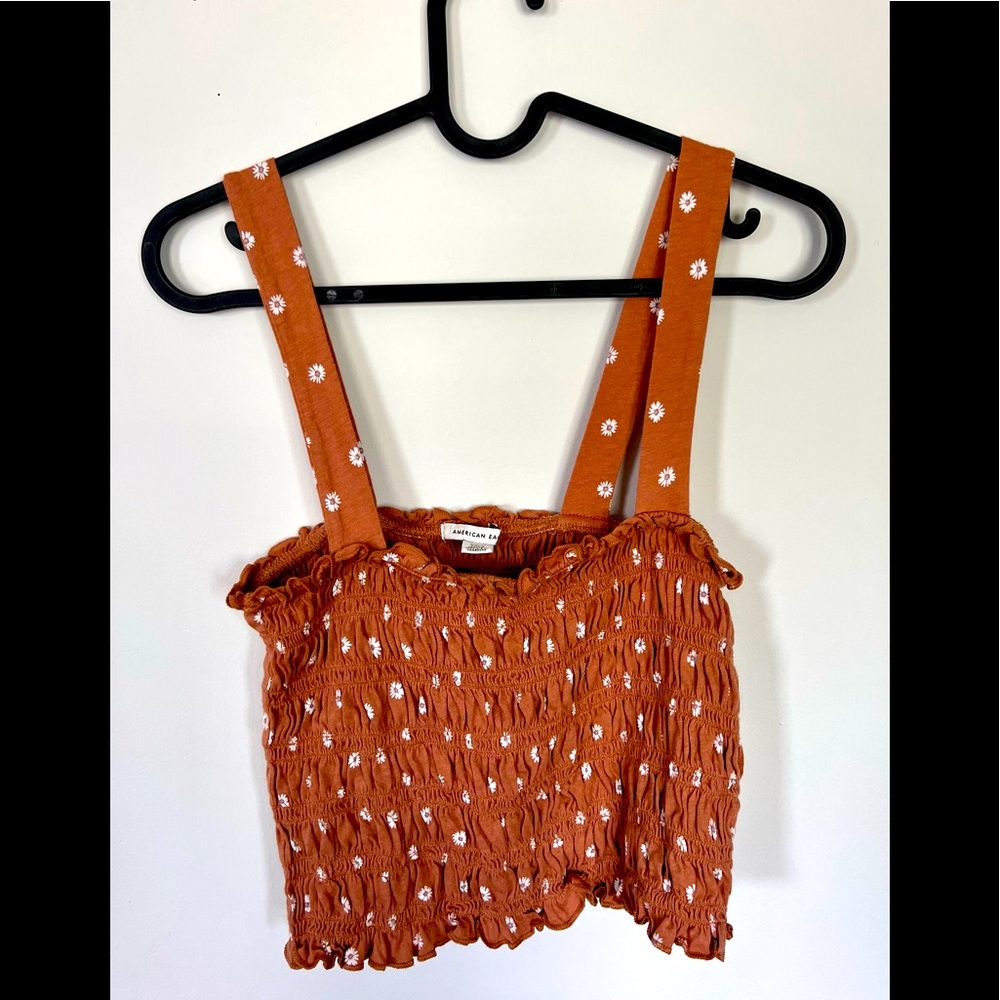 American Eagle Coffee Colored Cropped Scrunch Tank Top with Daisies Size Small